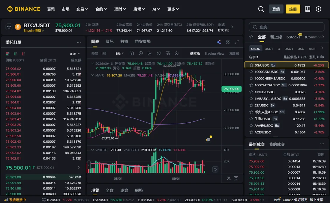 幣安現貨交易頁的整頁畫面,左上角是價格與二十四小時漲跌,左側是委託訂單簿,中間是 K 線圖,右側整欄是交易對清單